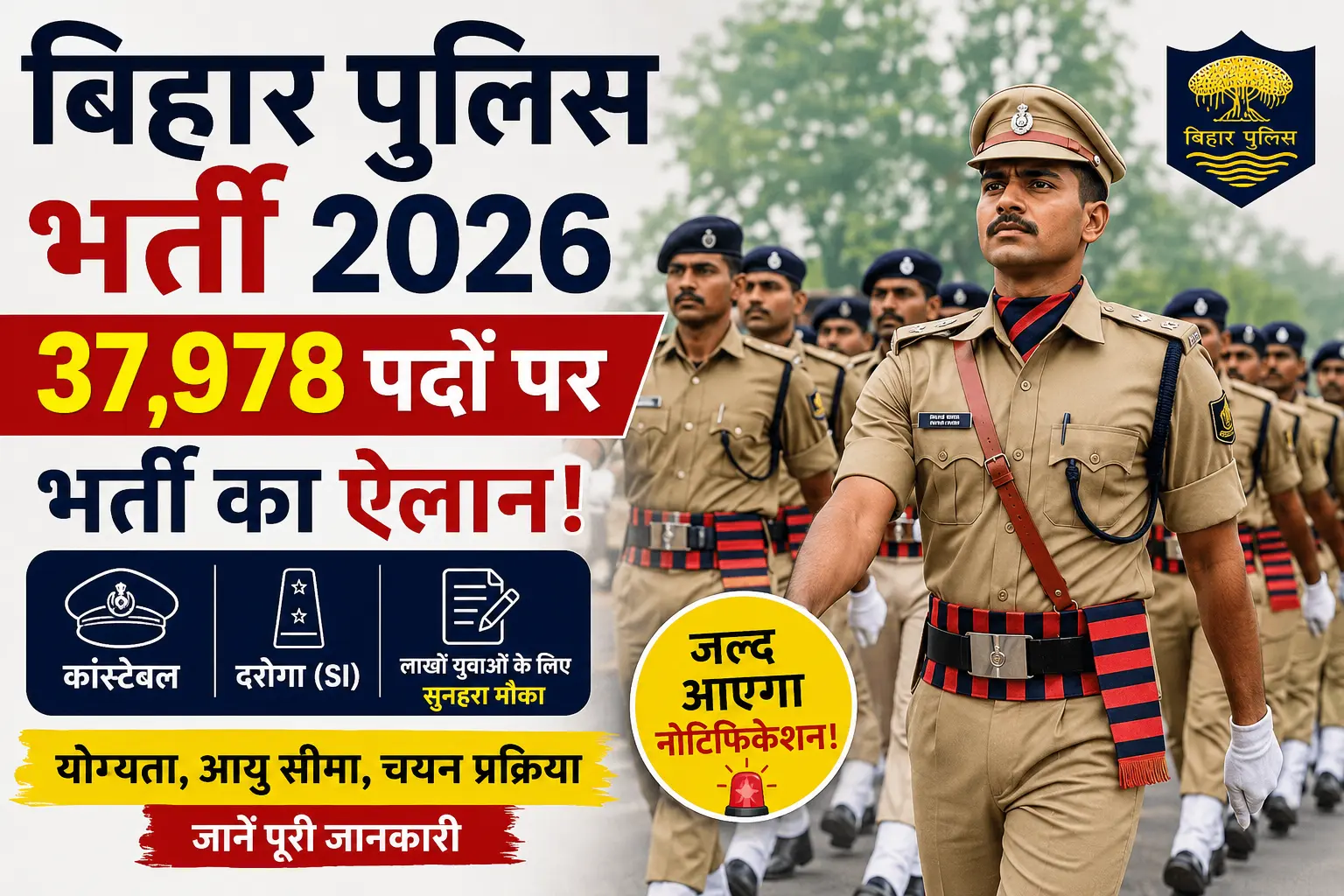 Bihar Police Vacancy 2026 featured image showing Bihar Police constables and officers with recruitment announcement of 37,978 posts, including Constable and SI (Daroga) vacancies, highlighting eligibility, age limit, selection process, and upcoming notification for Bihar Police Recruitment 2026.